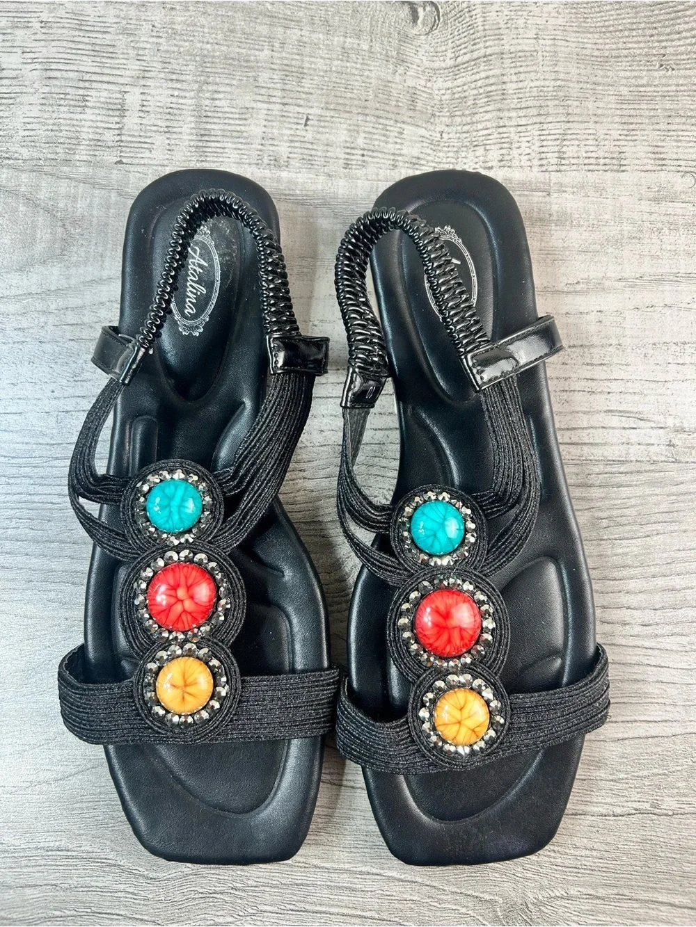 Women's Sandals Black with Turquoise, Red & Yellow Accents Size 10(41-41.5)